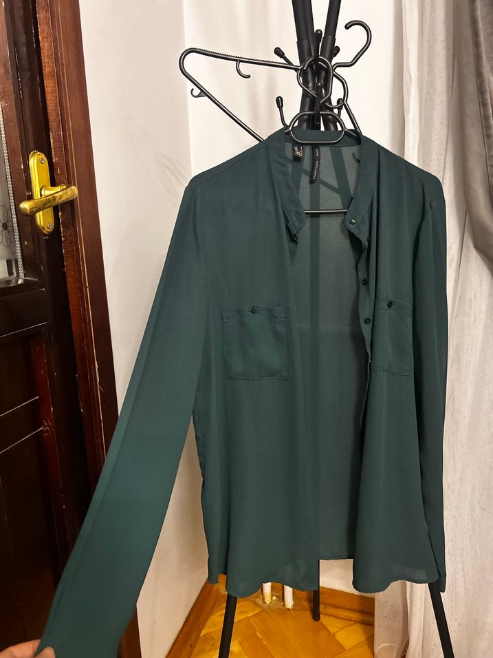 Düğmeli zümrüt Yeşili Uzun Kollu Kadın Gömlek - Görsel 2