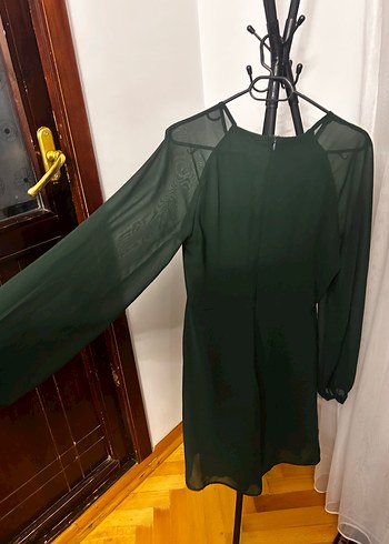 Uzun Kollu, zümrüt yeşili Yüksek Yaka, Midi Yeşil Elbise - Görsel 4