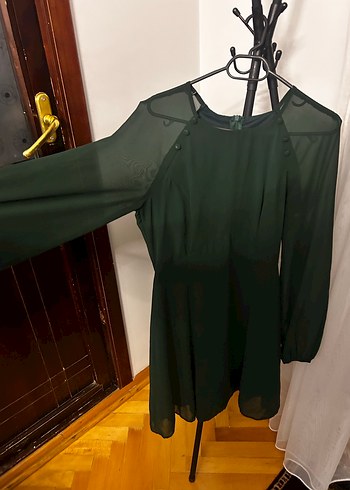 Uzun Kollu, zümrüt yeşili Yüksek Yaka, Midi Yeşil Elbise - Görsel 2