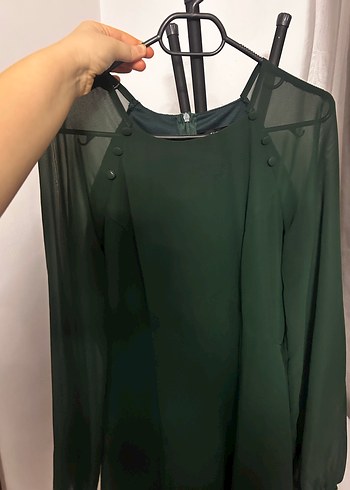 Uzun Kollu, zümrüt yeşili Yüksek Yaka, Midi Yeşil Elbise - Görsel 3