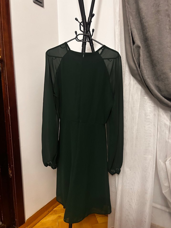 Uzun Kollu, zümrüt yeşili Yüksek Yaka, Midi Yeşil Elbise - Görsel 5