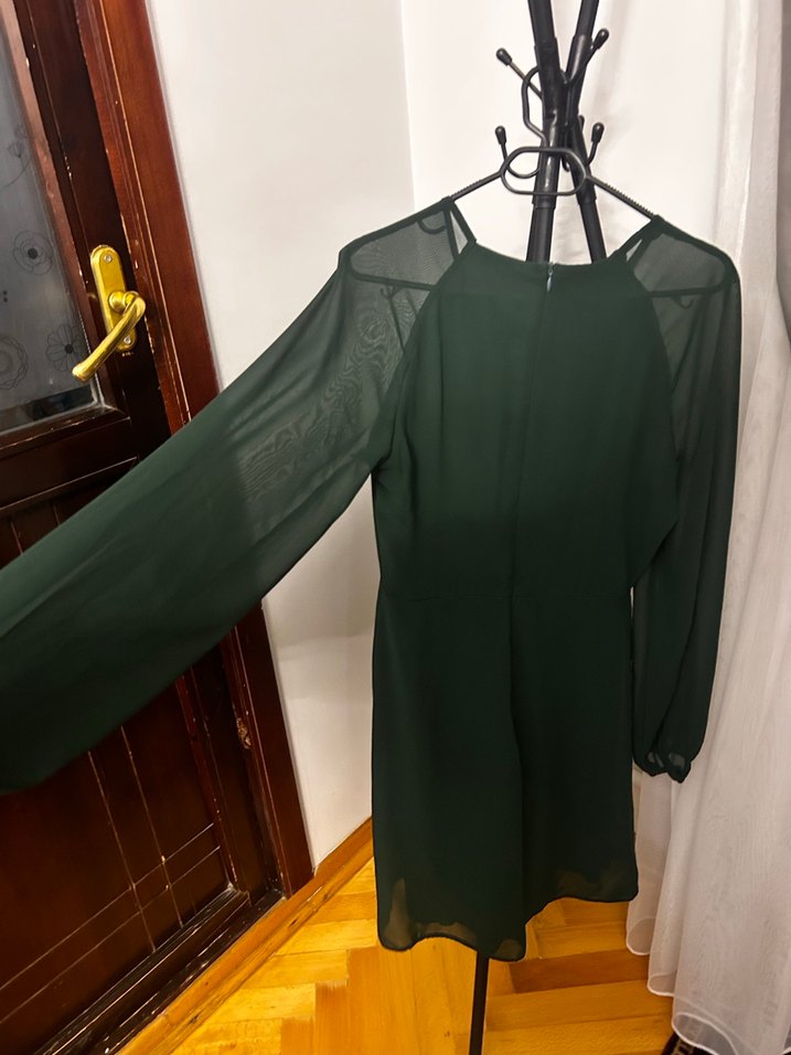 Uzun Kollu, zümrüt yeşili Yüksek Yaka, Midi Yeşil Elbise - Görsel 4