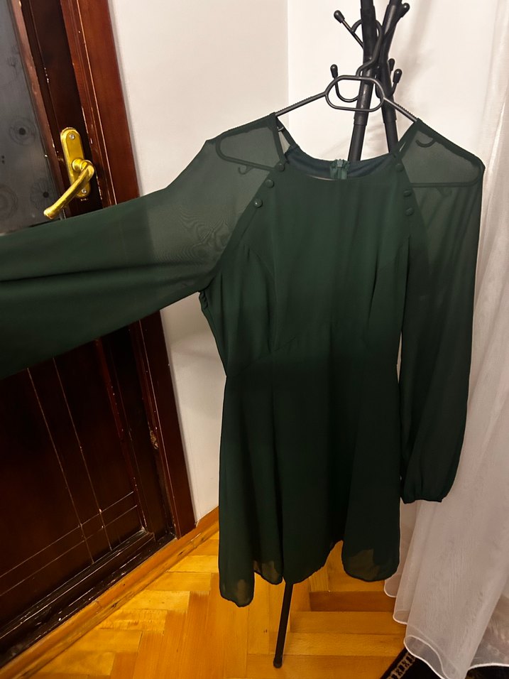 Uzun Kollu, zümrüt yeşili Yüksek Yaka, Midi Yeşil Elbise - Görsel 2