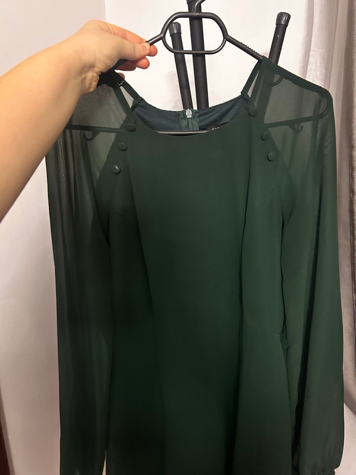 Uzun Kollu, zümrüt yeşili Yüksek Yaka, Midi Yeşil Elbise - Görsel 3