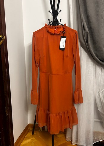 Turuncu Uzun Kollu Kadın Elbise - Görsel 8