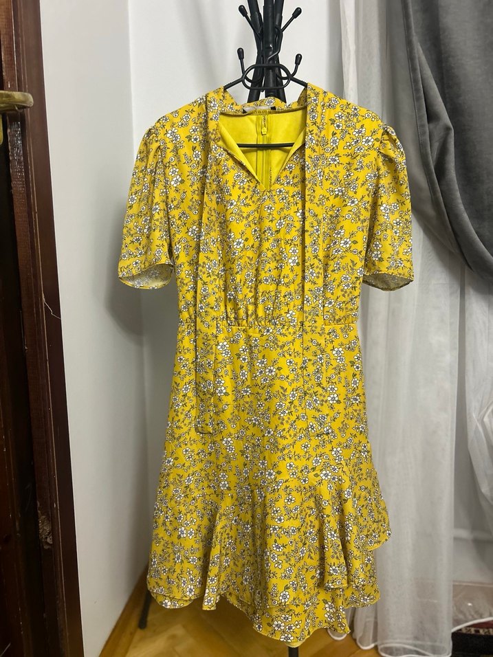 Sarı çiçekli tül Fırfırlı Kadın Elbise - Görsel 2