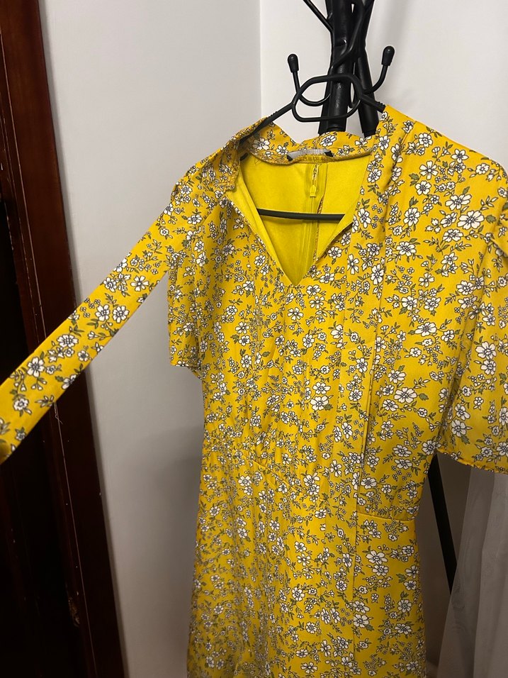 Sarı çiçekli tül Fırfırlı Kadın Elbise - Görsel 3