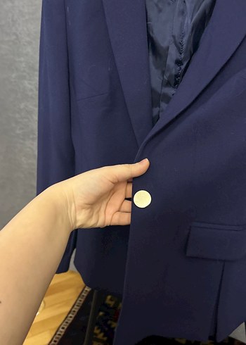 Düğmeli Koyu Mavi Kadın Blazer Ceket - Görsel 3