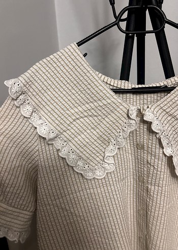 Bej Nakışlı Keten Bluz - Görsel 5