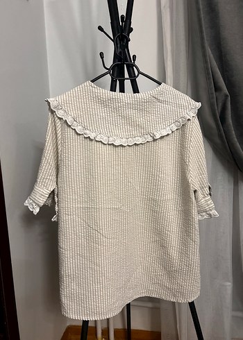 Bej Nakışlı Keten Bluz - Görsel 3