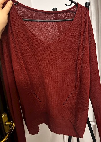 Kan kırmızı V Yaka Örgü Salaş Kadın Kazak - Görsel 4