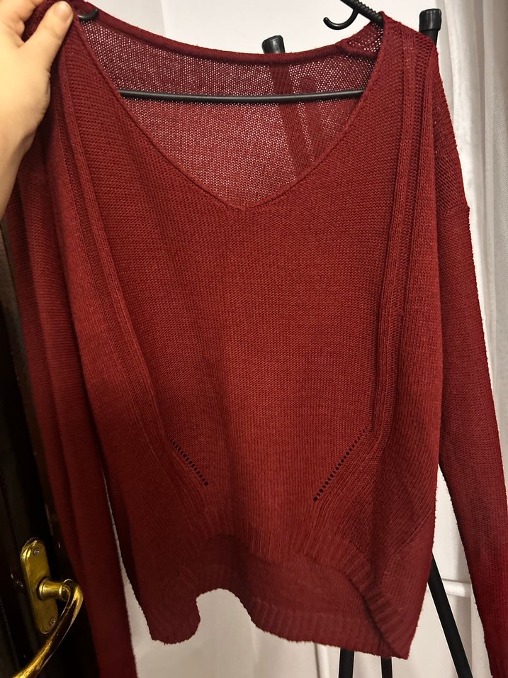 Kan kırmızı V Yaka Örgü Salaş Kadın Kazak - Görsel 4