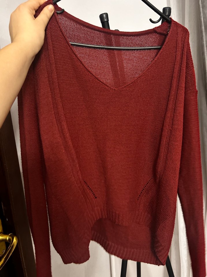 Kan kırmızı V Yaka Örgü Salaş Kadın Kazak - Görsel 2