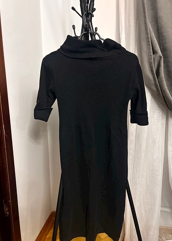 Siyah Uzun Triko Yüksek Yakalı Elbise - Görsel 4