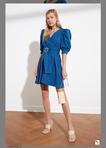 Kemerli V Yaka Lacivert Mini Elbise - Görsel 4