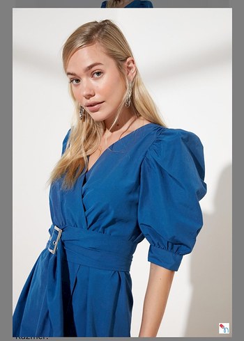 Kemerli V Yaka Lacivert Mini Elbise - Görsel 2