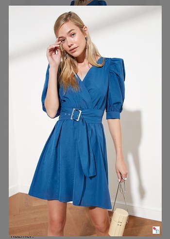 Kemerli V Yaka Lacivert Mini Elbise - Görsel 3