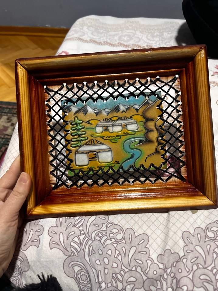 Kazakistan el işçiliği deri işleme ahşap örme tablo - Görsel 2