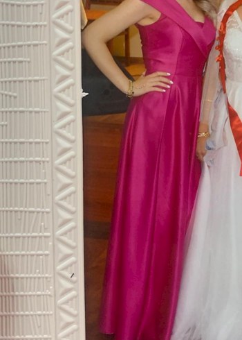 Pembe Uzun Drapeli V Yaka Kadın Abiye - Görsel 4