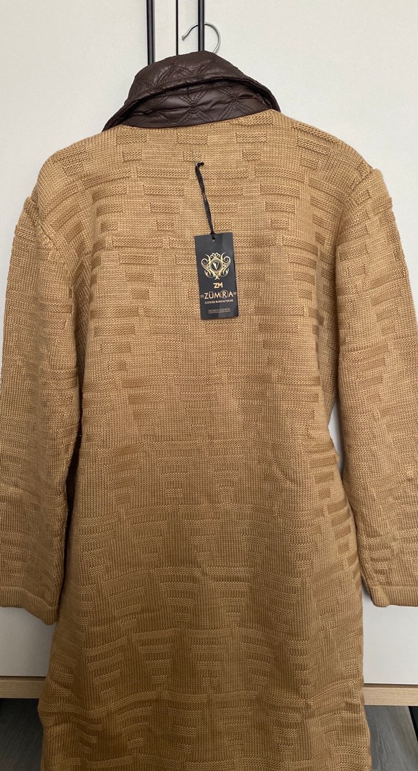 Düğmeli Uzun Kahverengi Keten Kadın Kaban - Görsel 4