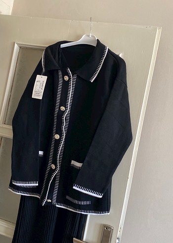 Düğmeli Siyah Uzun Triko Kadın Takım - Görsel 2