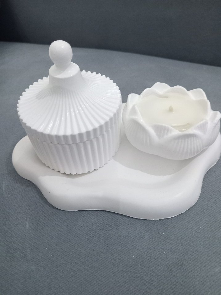 Beyaz Dekoratif Mum ve Kabı - Görsel 3