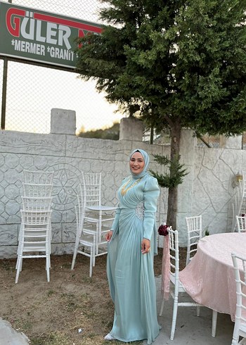 44 Beden turkuaz Renk Turkuaz Drapeli Uzun Abiye Elbise