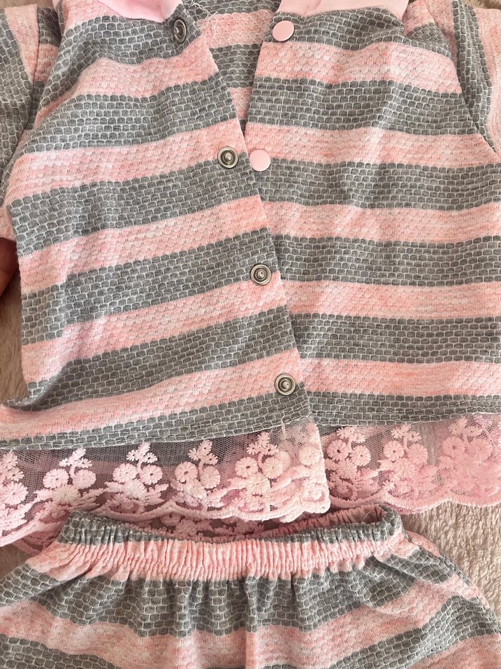 Pembe Gri Zebra Desenli Dantelli Bebek Kız Takımı - Görsel 2