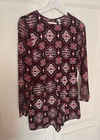 Bordo Desenli Bohem Uzun Kollu Tulum transparan - Görsel 2