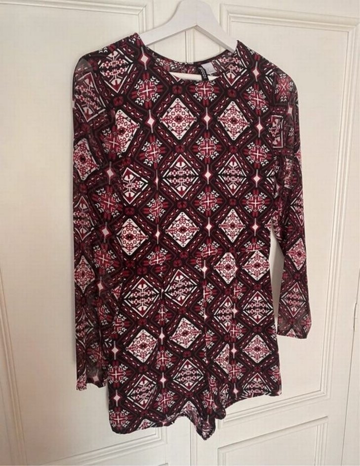 Bordo Desenli Bohem Uzun Kollu Tulum transparan - Görsel 2