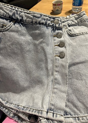 Düğmeli açık mavi Kot Mini Etek - Görsel 3