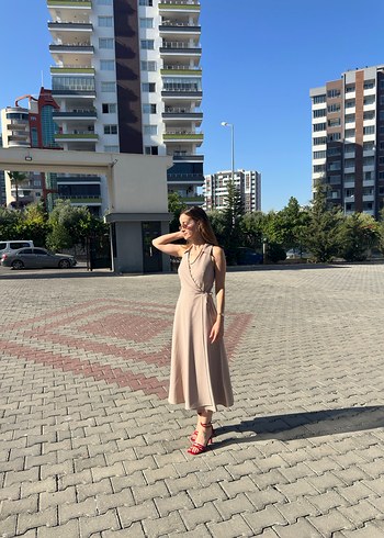 Bej açık pembe Sade Uzun Askısız Elbise - Görsel 5