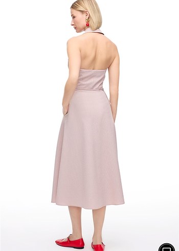 Bej açık pembe Sade Uzun Askısız Elbise - Görsel 4