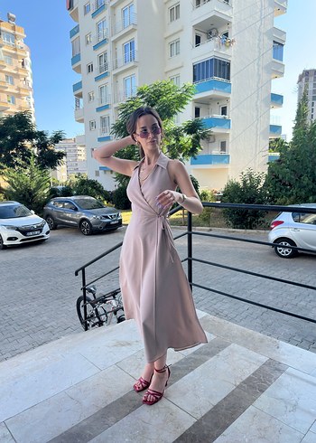 Bej açık pembe Sade Uzun Askısız Elbise - Görsel 6