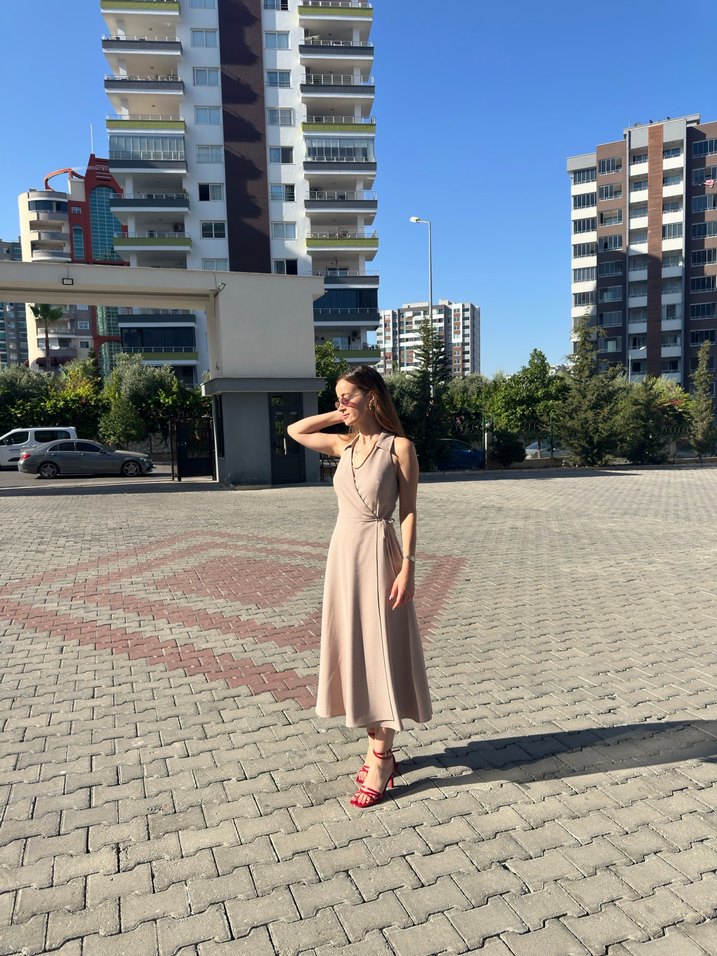 Bej açık pembe Sade Uzun Askısız Elbise - Görsel 5