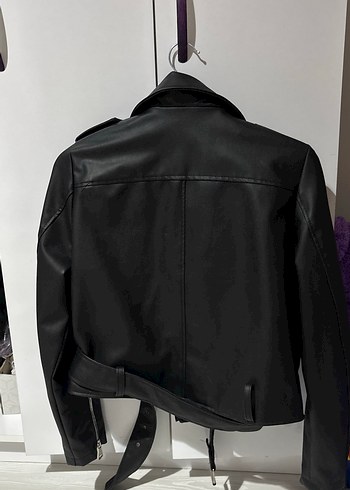 s Beden Kadın Siyah Deri Kemerli Biker Ceket