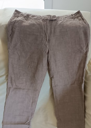 Bej Keten Kadın Pantolon Midi Normal Boy
