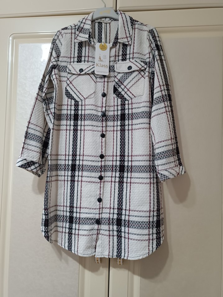 Düğmeli Uzun Kollu Beyaz Ekose Kadın Gömlek - Görsel 2