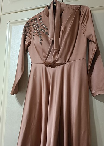 Bej Drapeli Uzun Abiye Elbise - Görsel 3