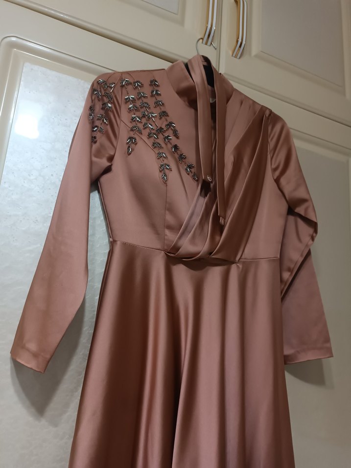 Bej Drapeli Uzun Abiye Elbise - Görsel 2