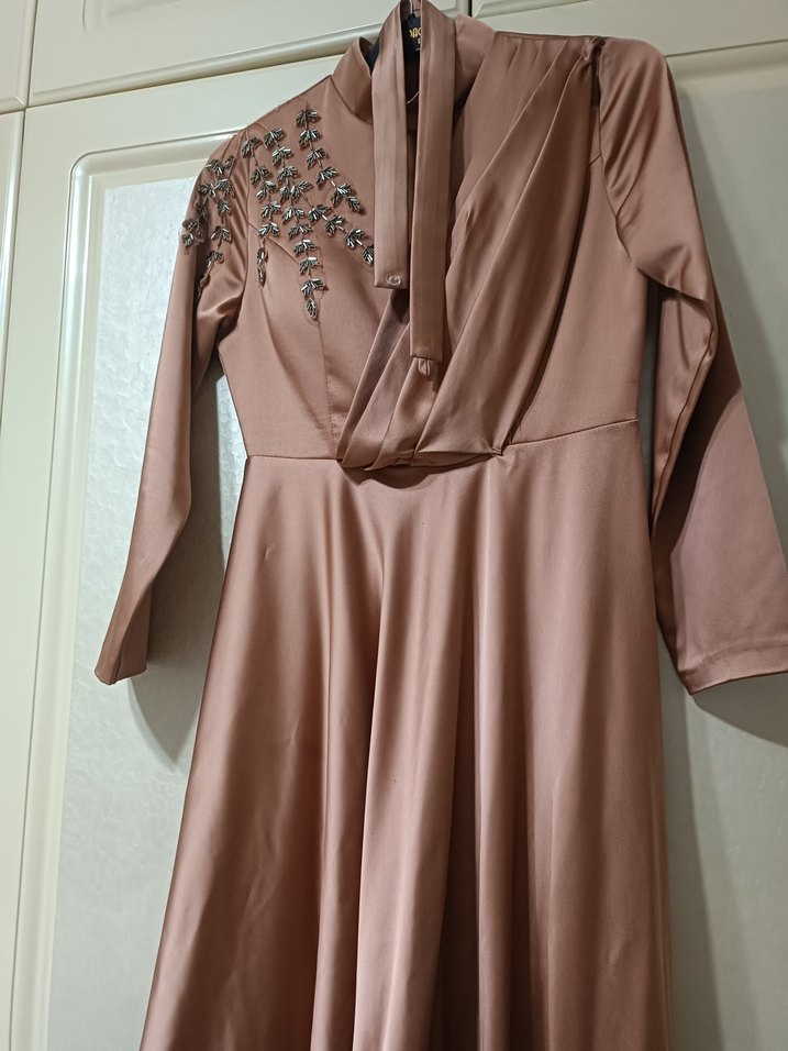 Bej Drapeli Uzun Abiye Elbise - Görsel 3