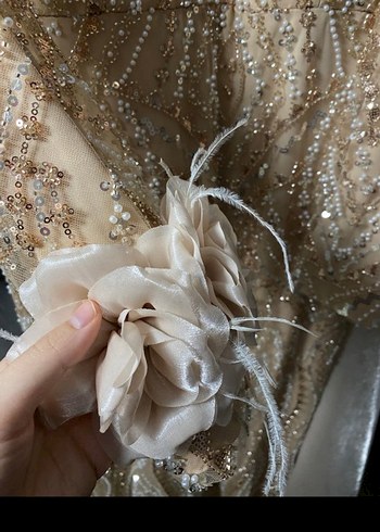 Bej boncuk işlemeli çok zarif Uzun Kollu Uzun Abiye Elbise - Görsel 5