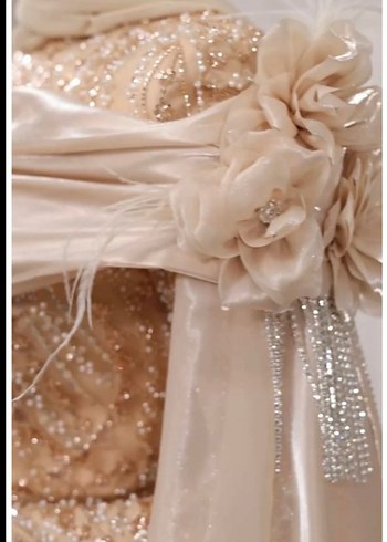 Bej boncuk işlemeli çok zarif Uzun Kollu Uzun Abiye Elbise - Görsel 4