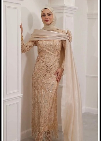 Bej boncuk işlemeli çok zarif Uzun Kollu Uzun Abiye Elbise - Görsel 2