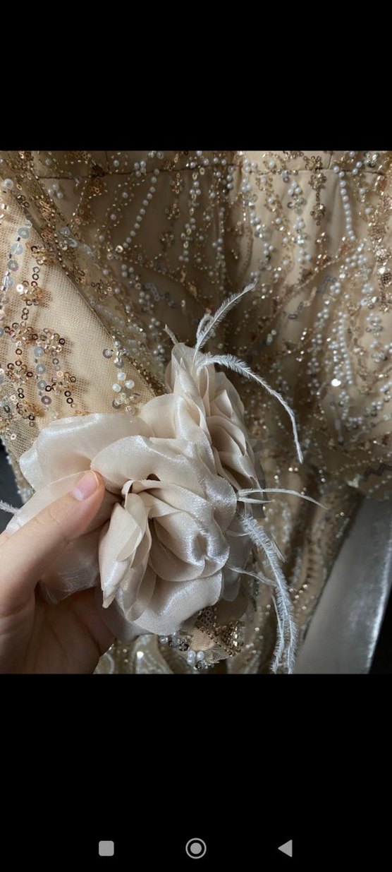 Bej boncuk işlemeli çok zarif Uzun Kollu Uzun Abiye Elbise - Görsel 5