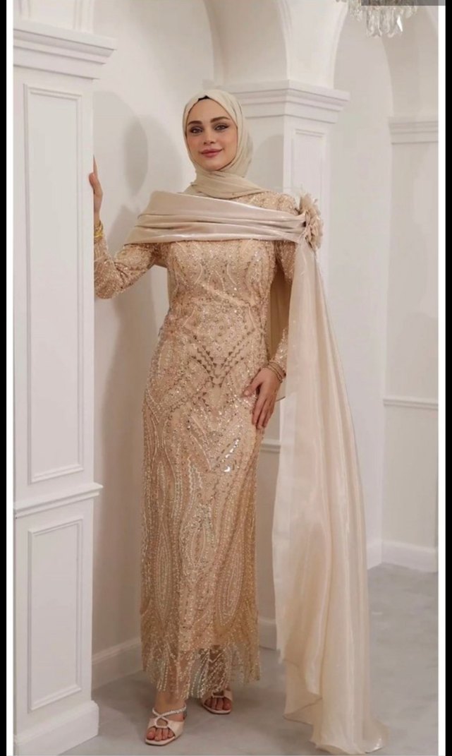 Bej boncuk işlemeli çok zarif Uzun Kollu Uzun Abiye Elbise - Görsel 2