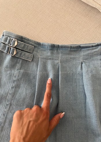s Beden Kadın Mavi Kemerli Mini Denim Şort Şort Etek