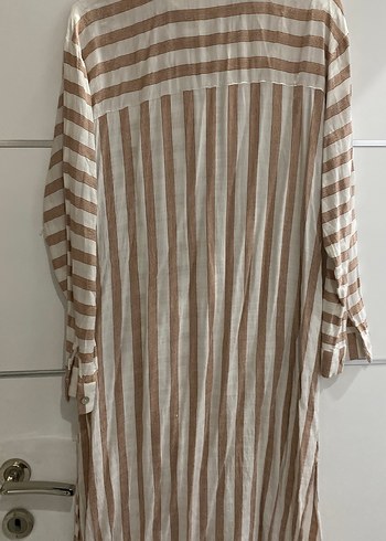 Bej Çizgili Uzun Keten Kadın Gömlek - Görsel 3