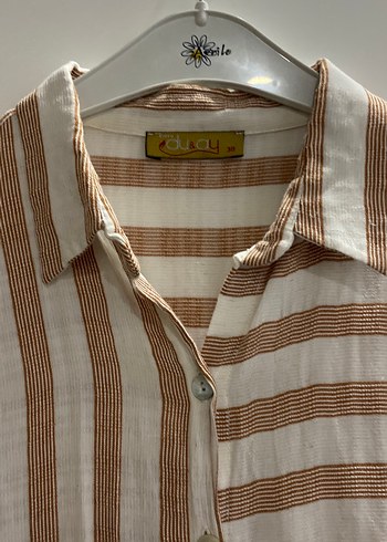 Bej Çizgili Uzun Keten Kadın Gömlek - Görsel 2