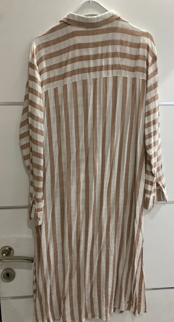 Bej Çizgili Uzun Keten Kadın Gömlek - Görsel 3